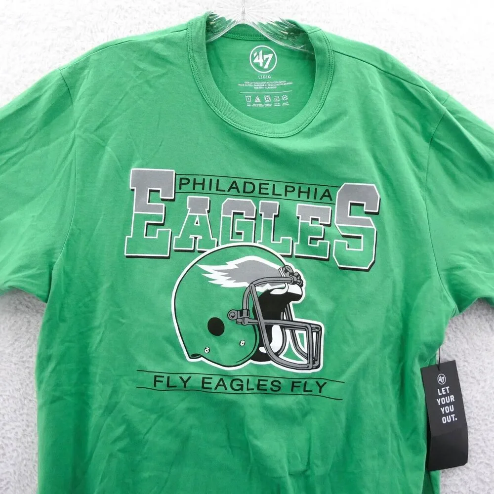 Philadelphia Eagles Shirt Large Men '47 Brand NFL Green Cotton Knit Football Tee - Picture 3 of 9
